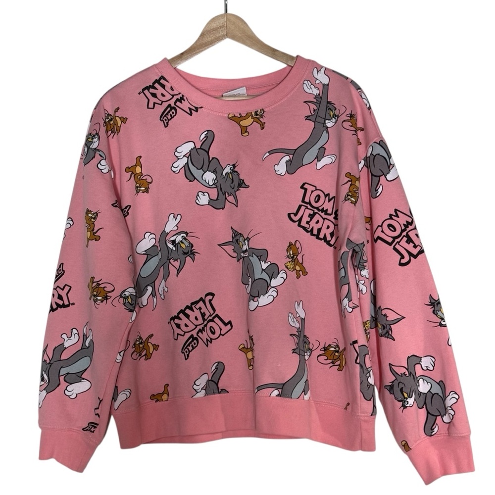 Tom & Jerry Pink Allover Print Boxy Crewneck Pullover Sweatshirt Size L Retro